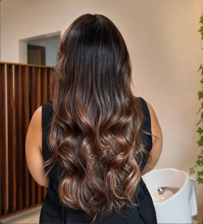 Mulher vista por trás com cabelo longo castanho com reflexos caramelados